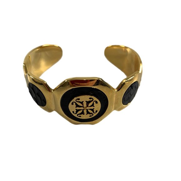 Rustic Cuff Gold Tone Black Snakeskin Leather Python Open Cuff Bracelet - Picture 1 of 9